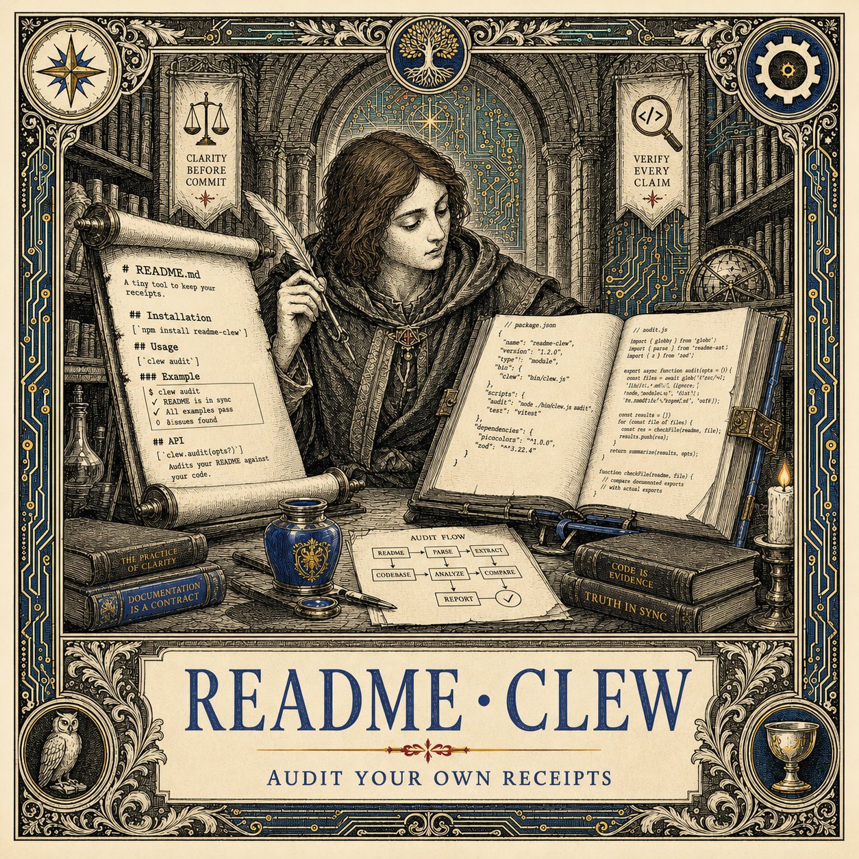 readme clew — a scholar auditing scrolls and code books